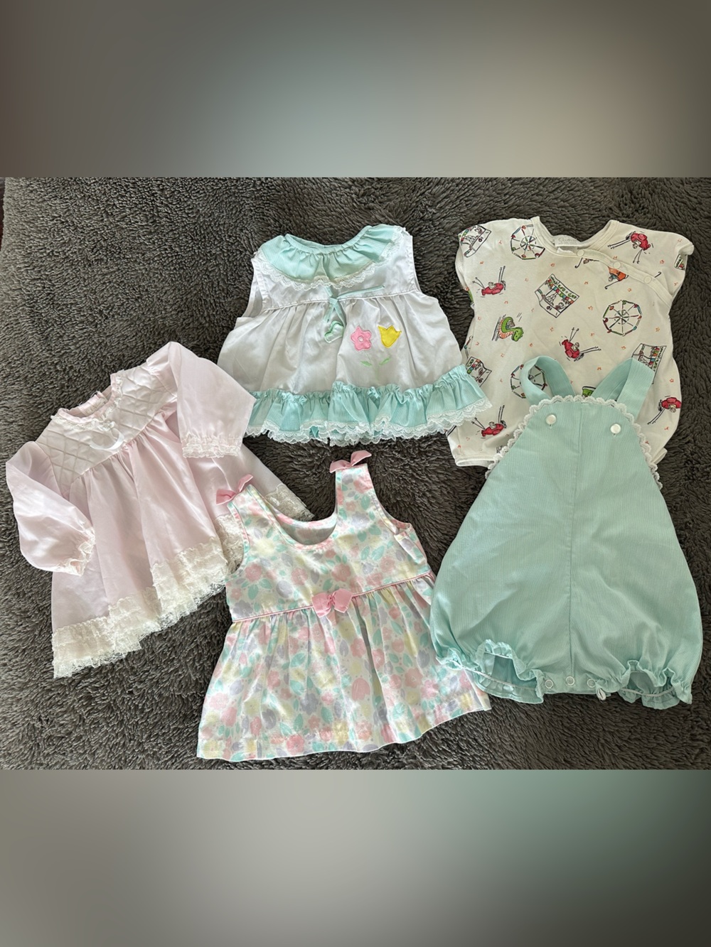 Vintage • bundle of baby dresses / bubble rompers 6-12 Mo